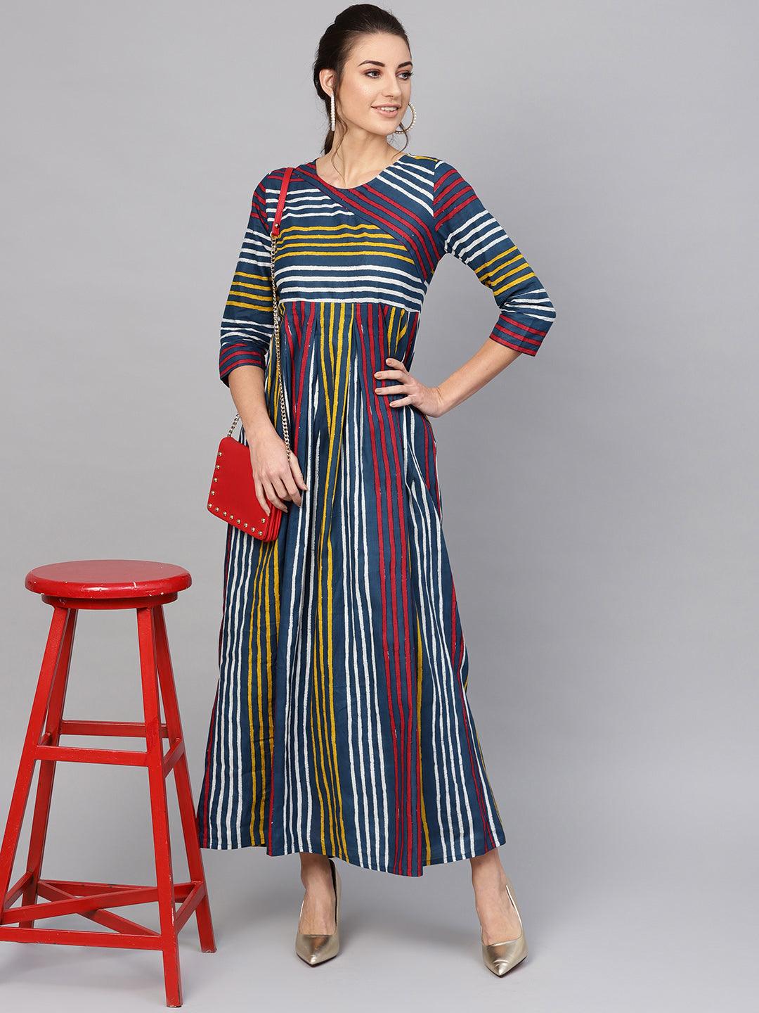 Indigo Striped A-Line Maxi (Fully Stitched) - Znxclothing