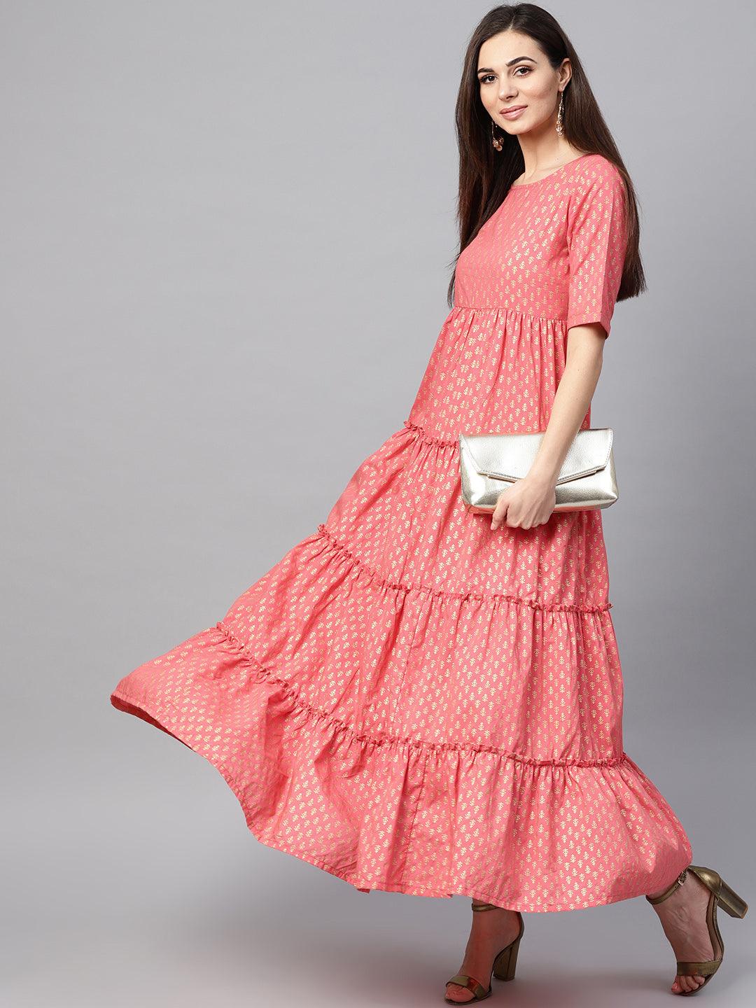 Peach Gold Printed Gathered Maxi Dress (Fully Stitched) - Znxclothing