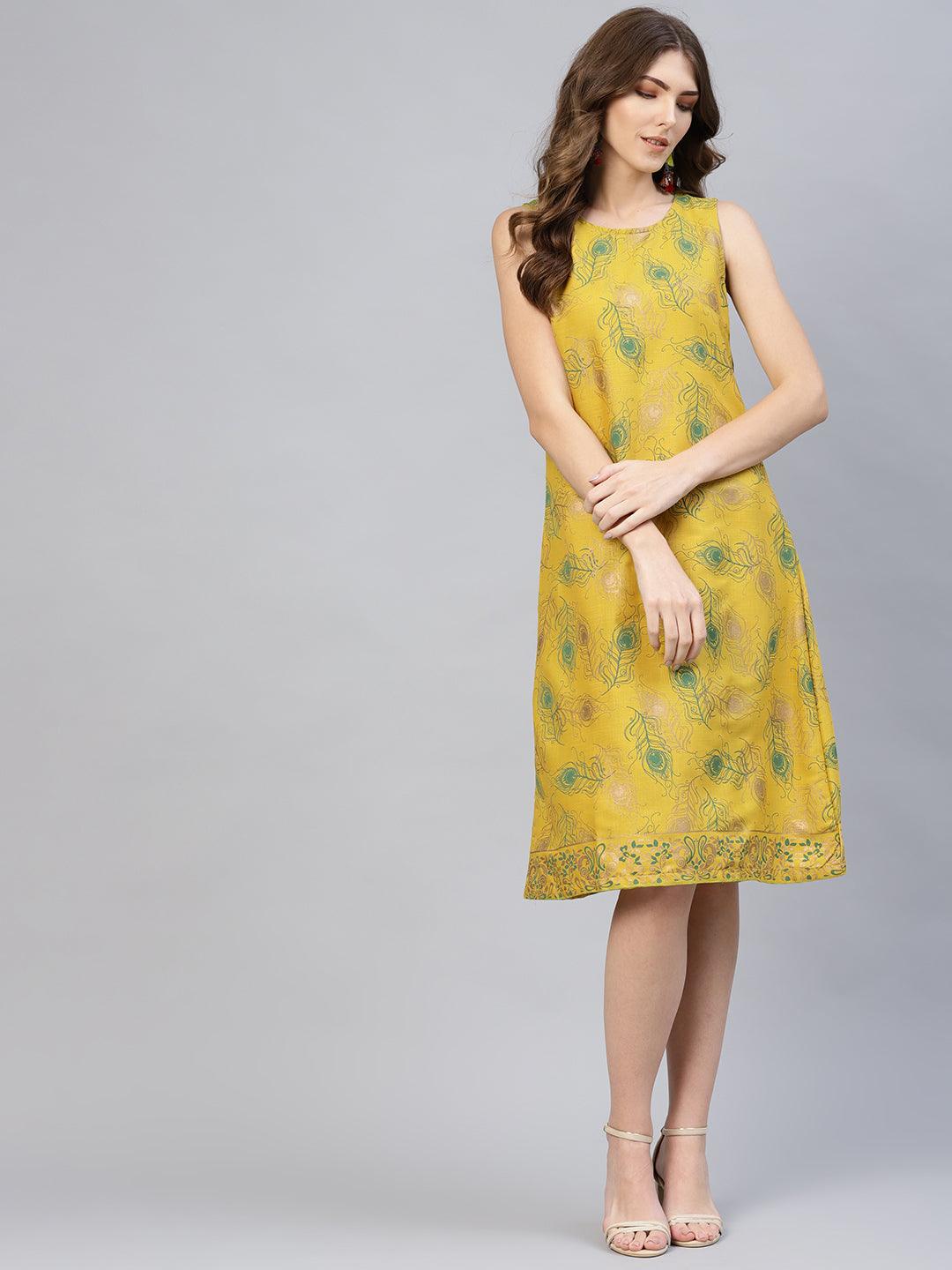 Yellow Gold Printed Shift Dress (Fully Stitched) - Znxclothing
