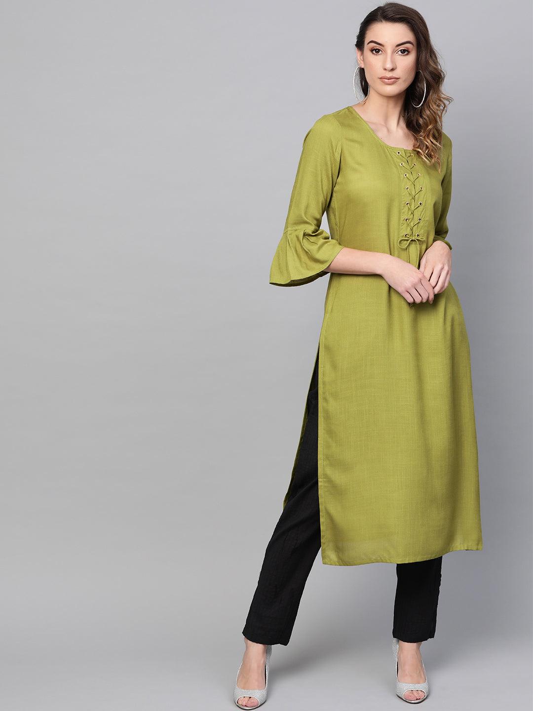 Lemon green straight kurta with flutter sleeve (Fully Stitched) - Znxclothing