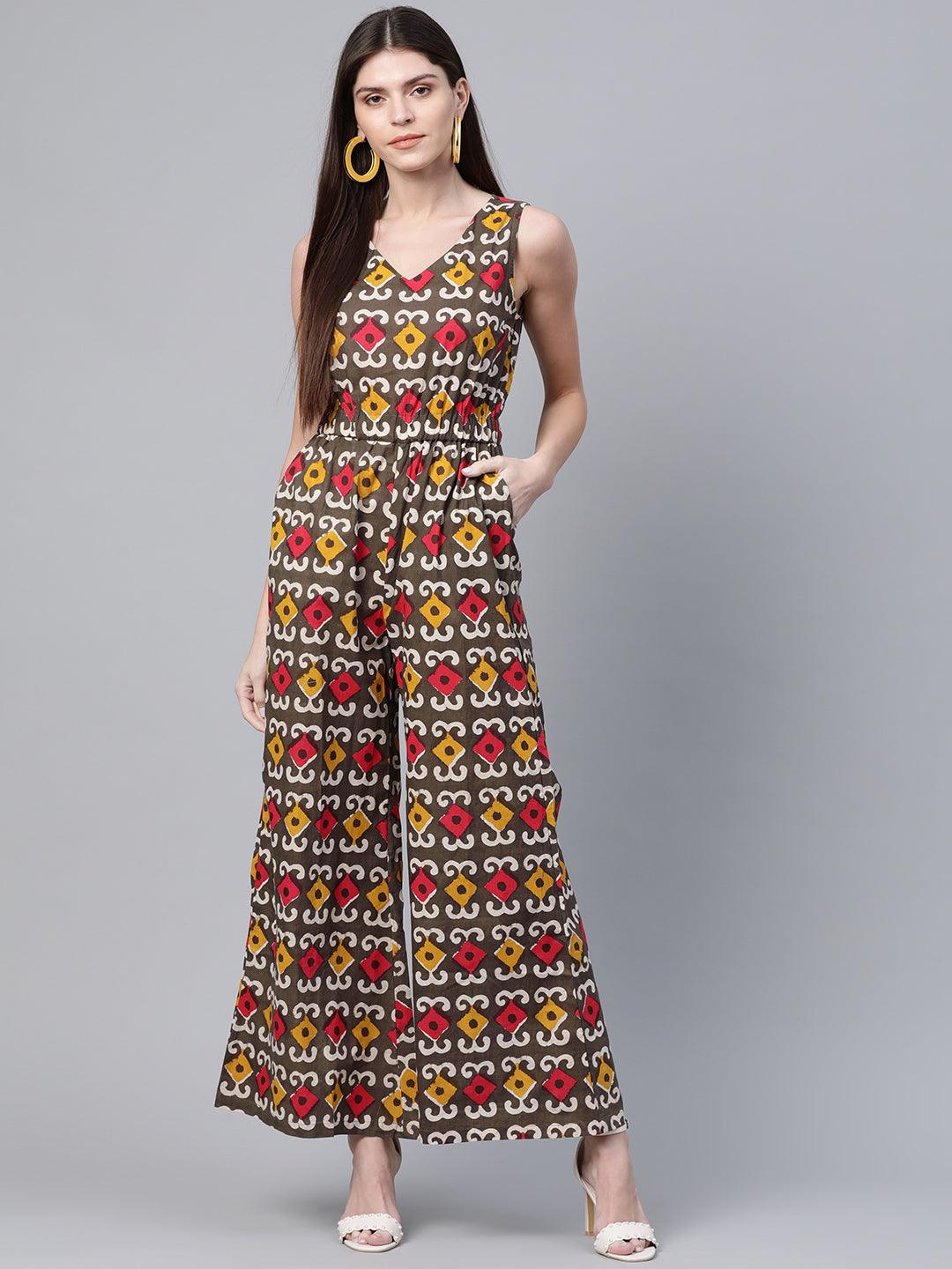 Olive Brown &amp; Red Printed Basic Jumpsuit (Fully Stitched) - Znxclothing