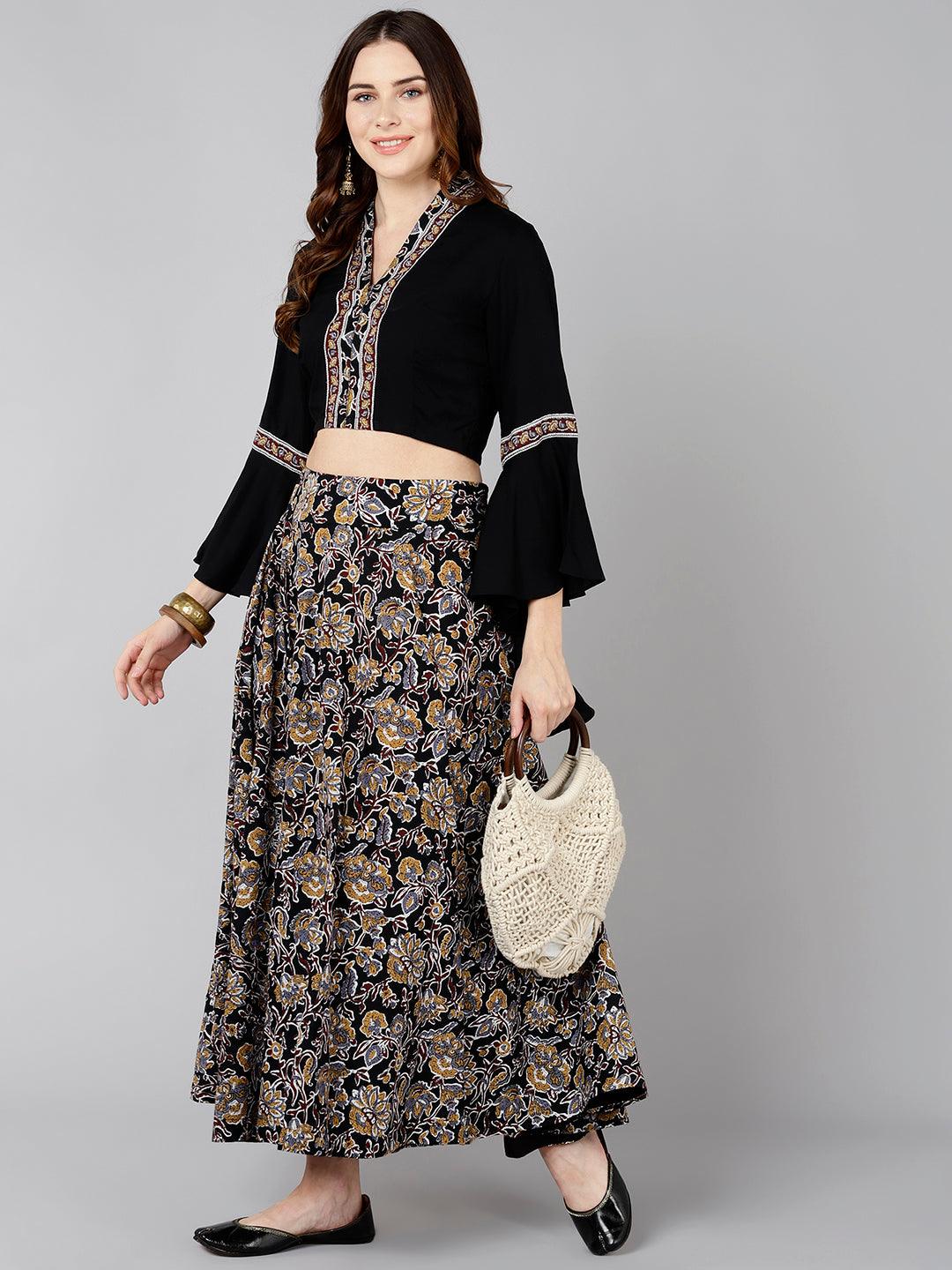 Designer Black Crop Top With Floral Printed Skirt - Znxclothing