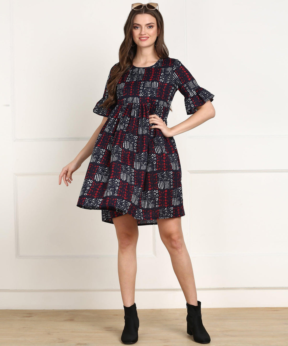 Znx Women White &amp; Red Printed short Dress - Znxclothing
