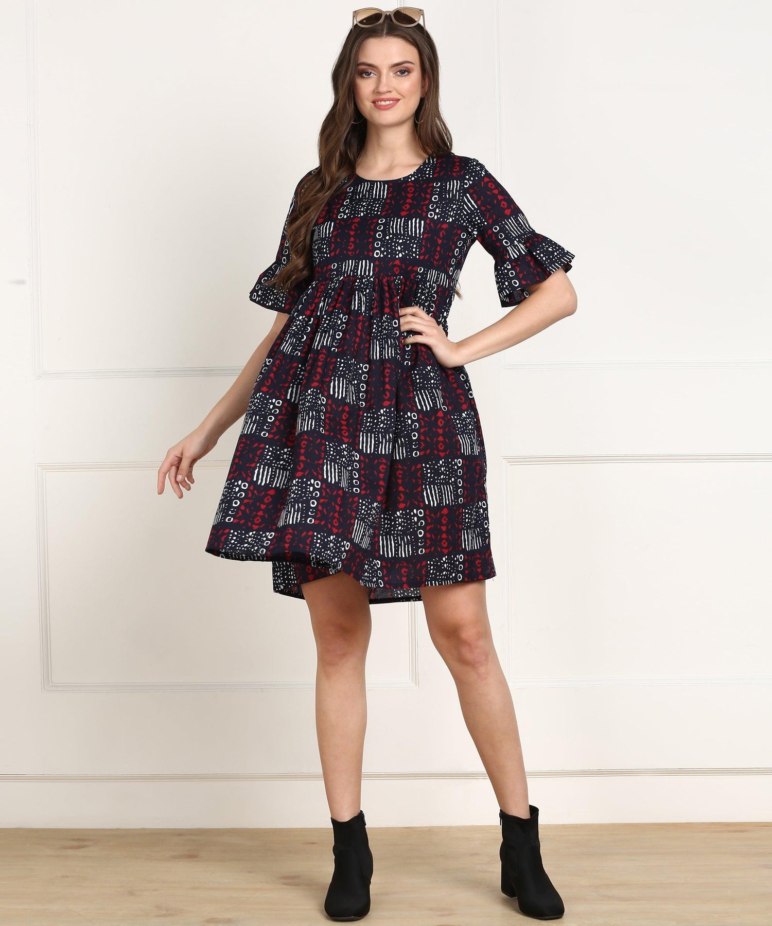 Znx Women White &amp; Red Printed short Dress - Znxclothing