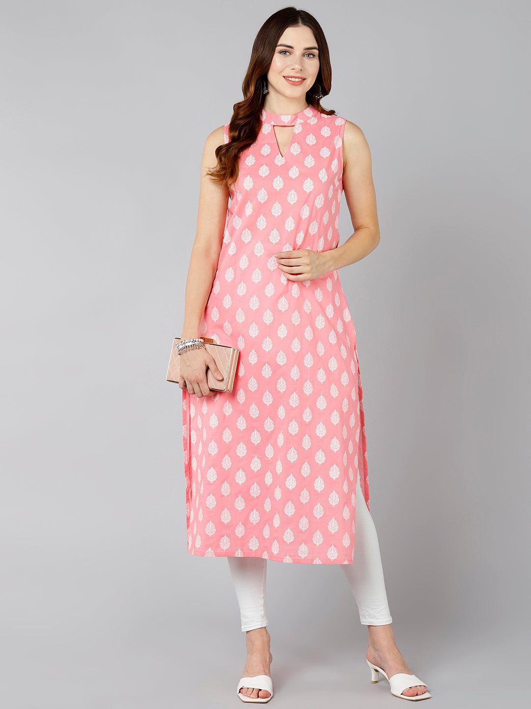 Women White Leaf Printed Pink Sleevless Kurta - Znxclothing
