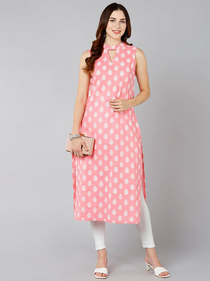 Women White Leaf Printed Pink Sleevless Kurta - Znxclothing