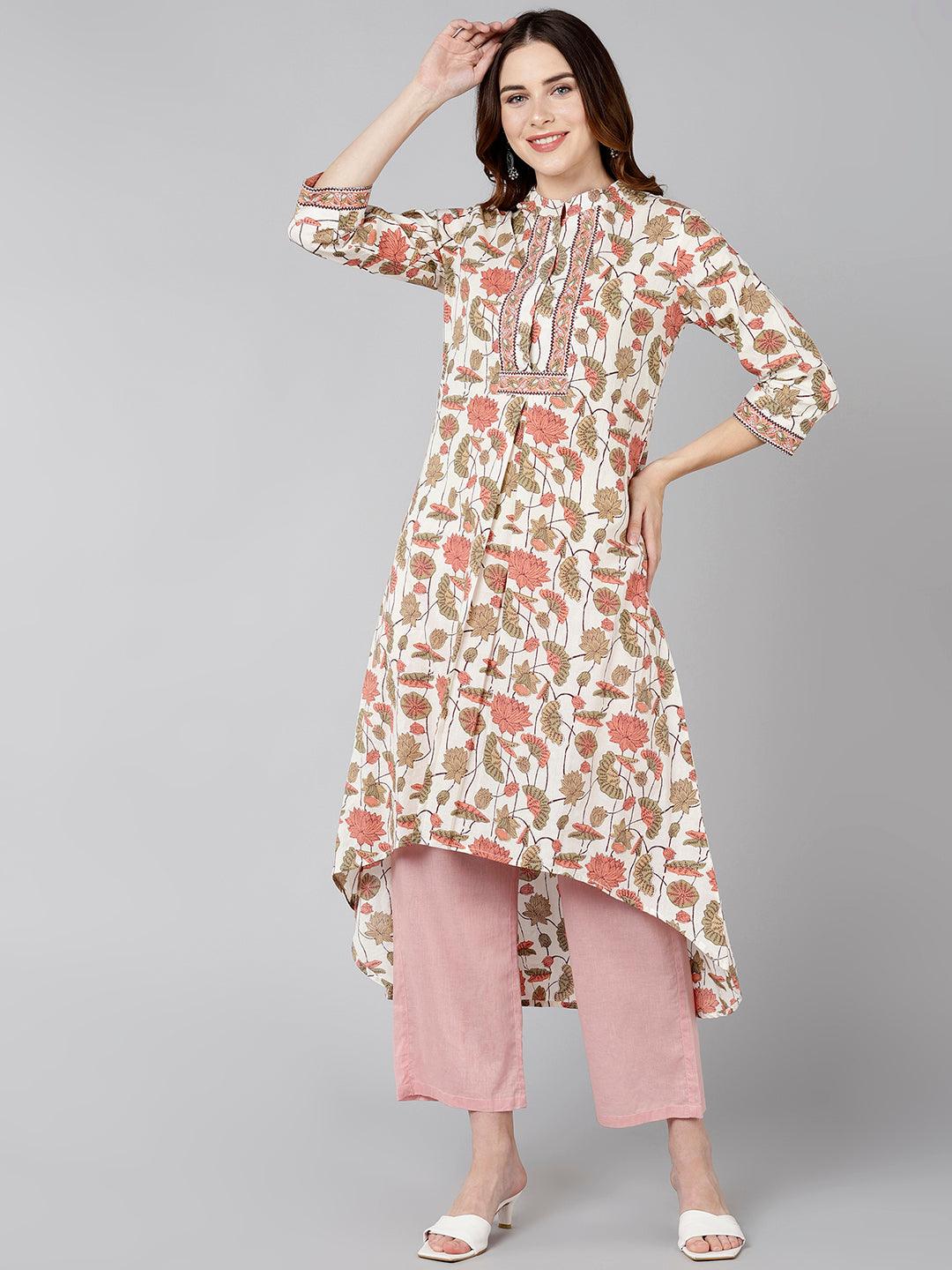 Women Cream Pink Floral Printed Kurta - Znxclothing