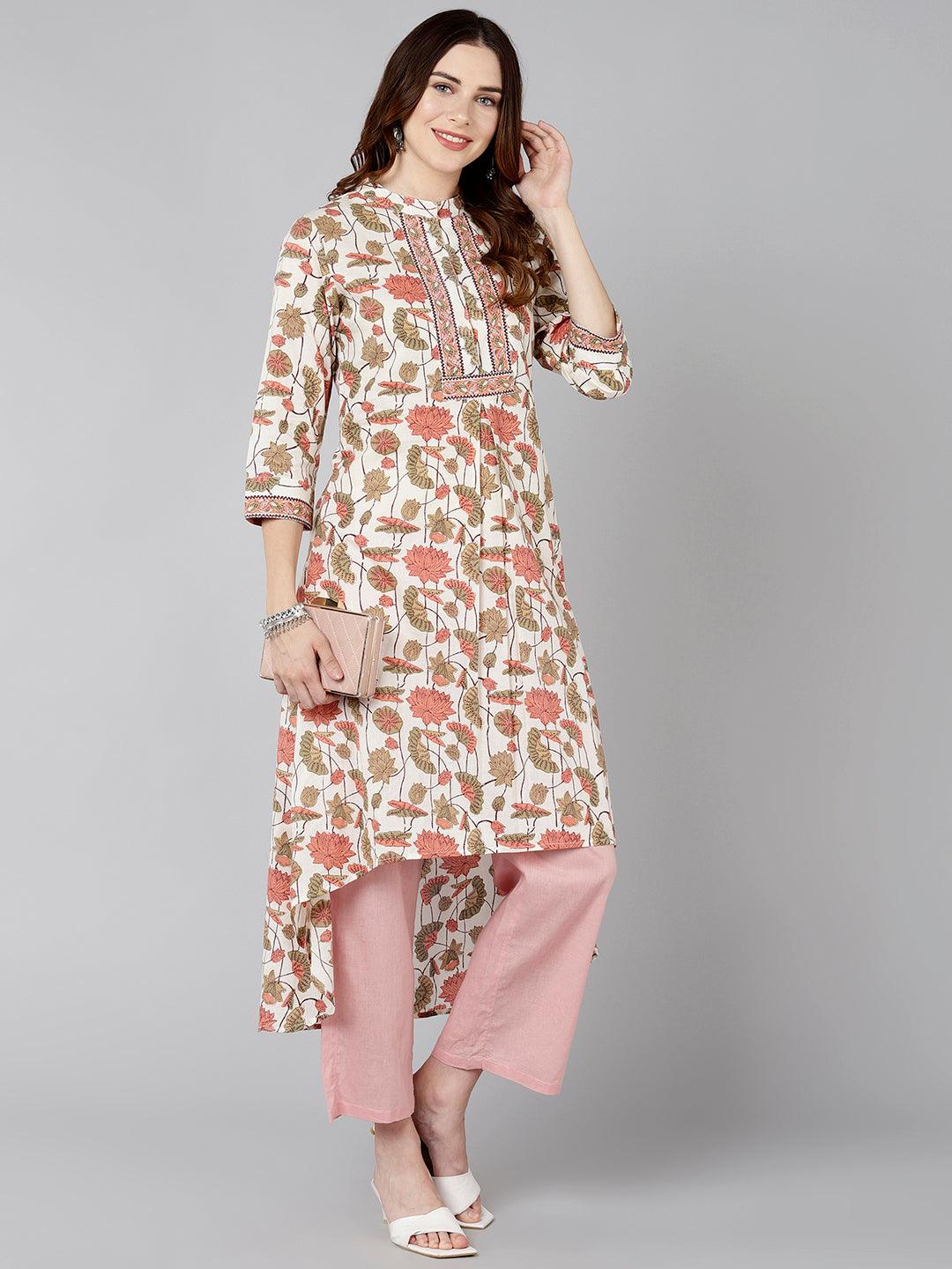 Women Cream Pink Floral Printed Kurta - Znxclothing