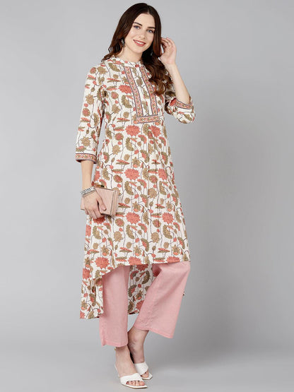 Women Cream Pink Floral Printed Kurta - Znxclothing
