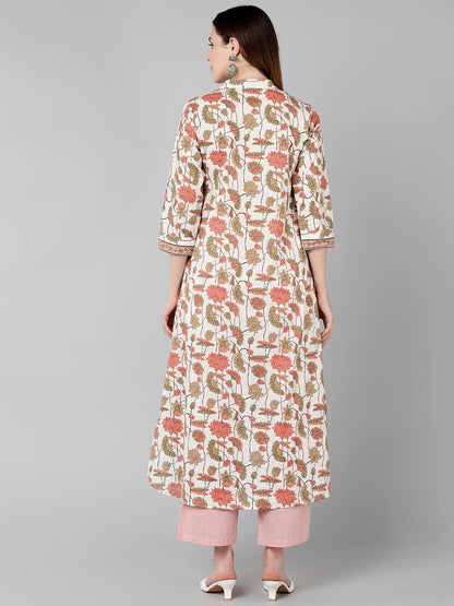 Women Cream Pink Floral Printed Kurta - Znxclothing