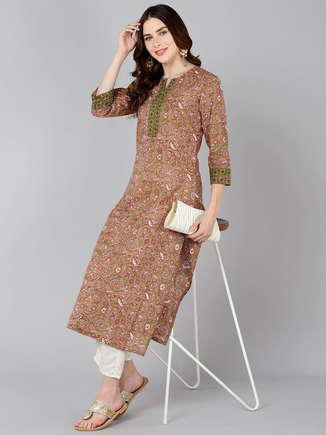 Women Brown White Floral Printed Kurta - Znxclothing
