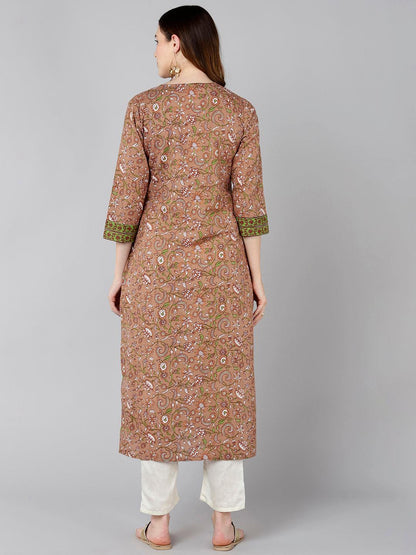 Women Brown White Floral Printed Kurta - Znxclothing