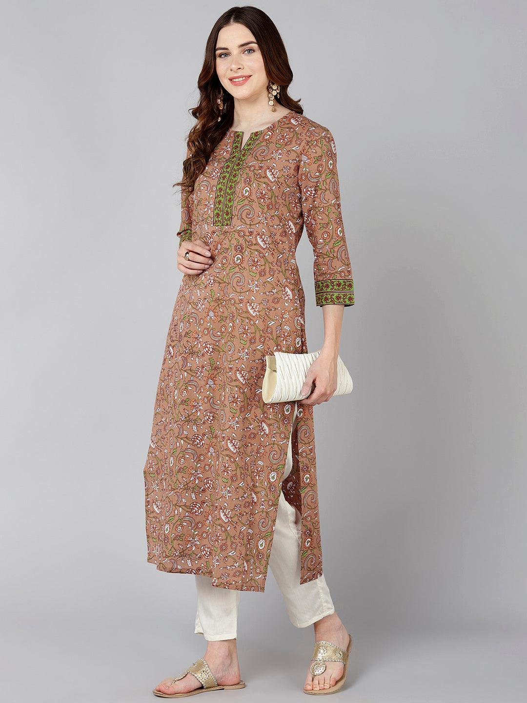 Women Brown White Floral Printed Kurta - Znxclothing