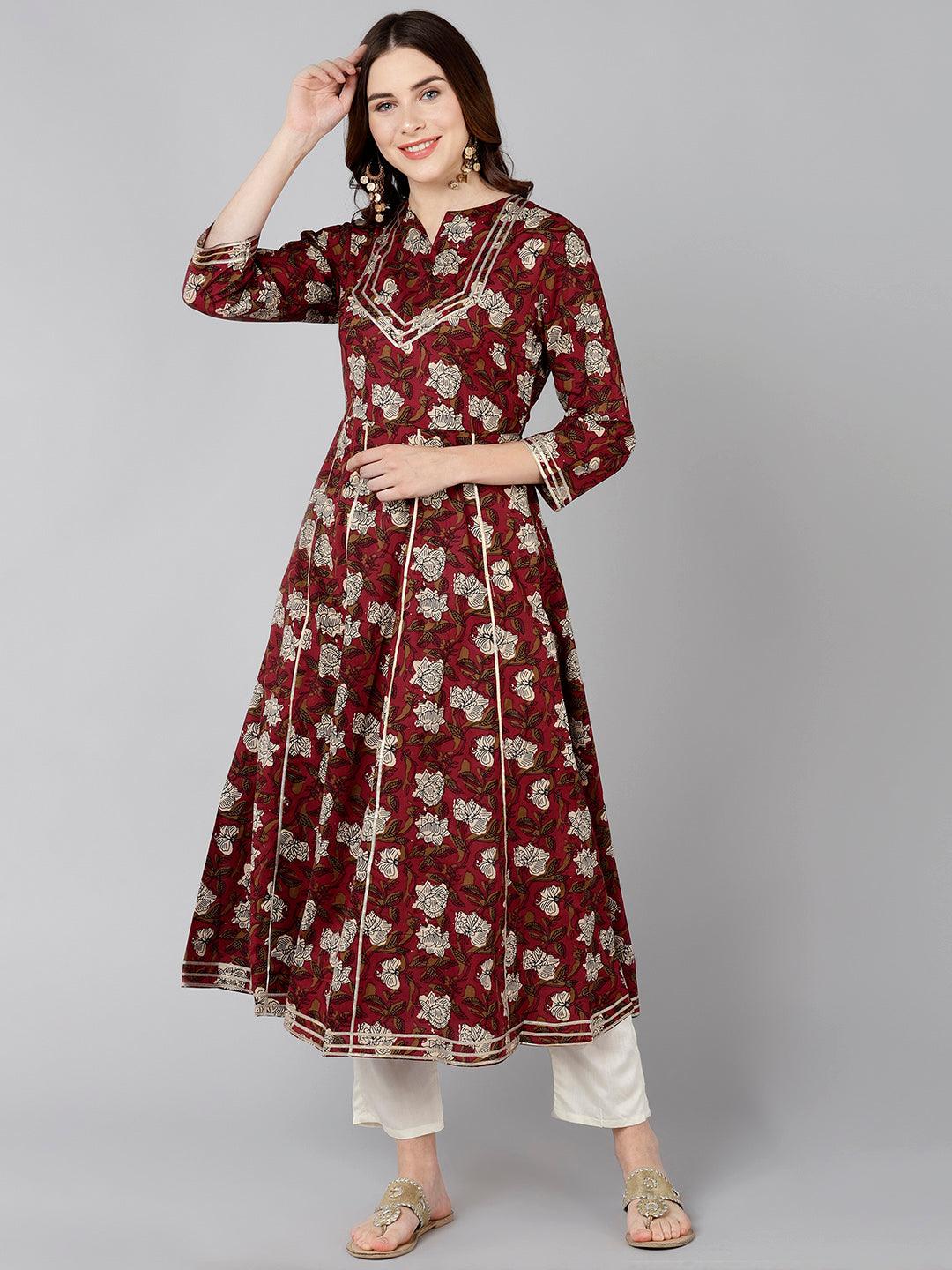 Women Floral Printer Maroon Kurta - Znxclothing