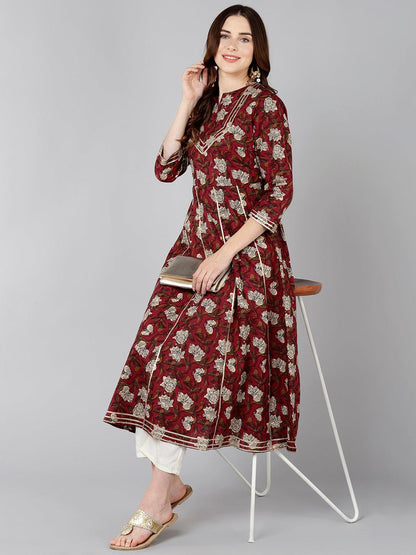 Women Floral Printer Maroon Kurta - Znxclothing