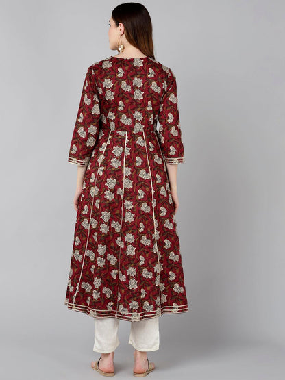 Women Floral Printer Maroon Kurta - Znxclothing