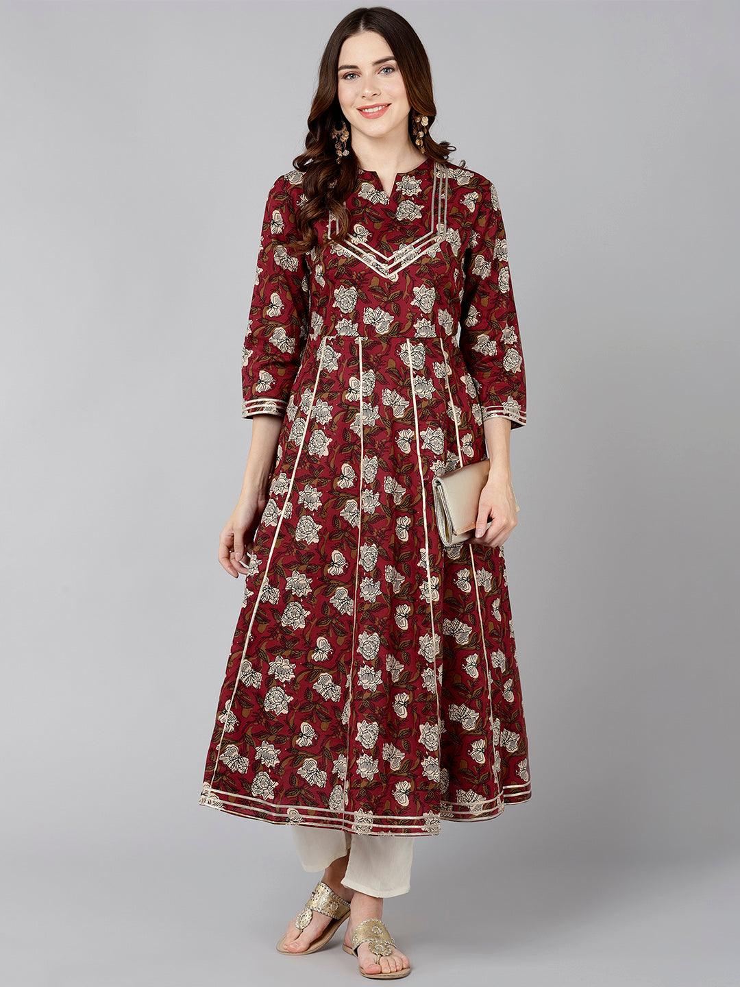 Women Floral Printer Maroon Kurta - Znxclothing