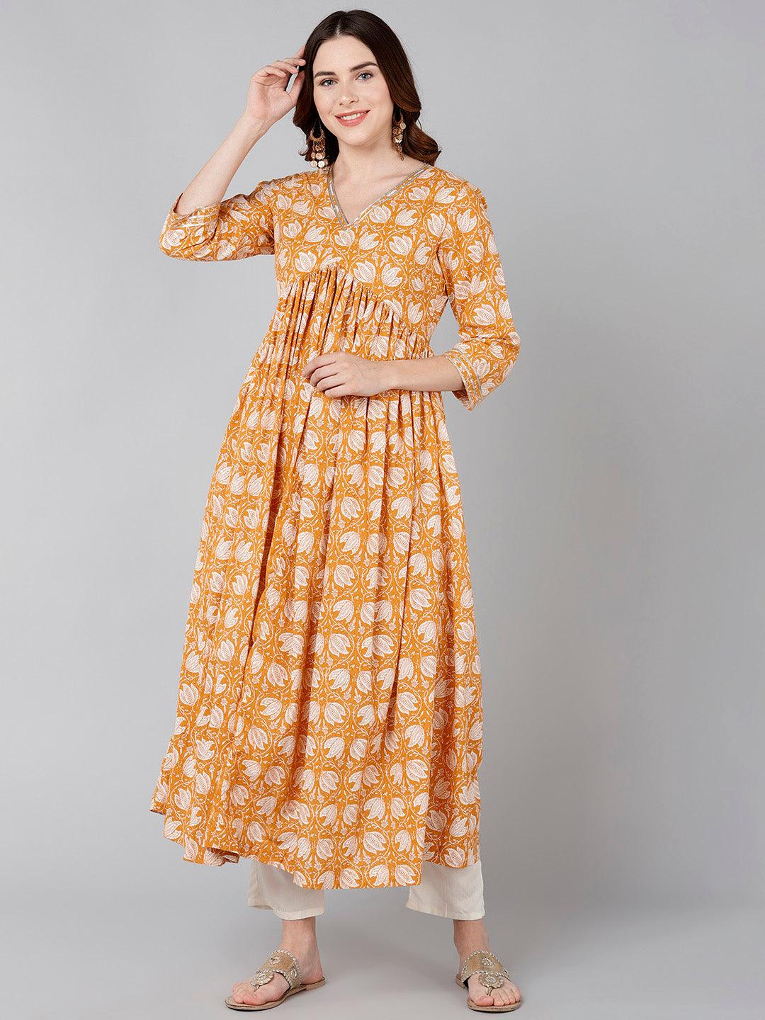 White Floral Printed Yellow Flared Kurta - Znxclothing