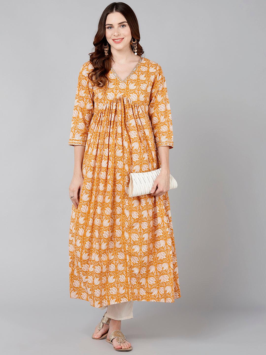 White Floral Printed Yellow Flared Kurta - Znxclothing