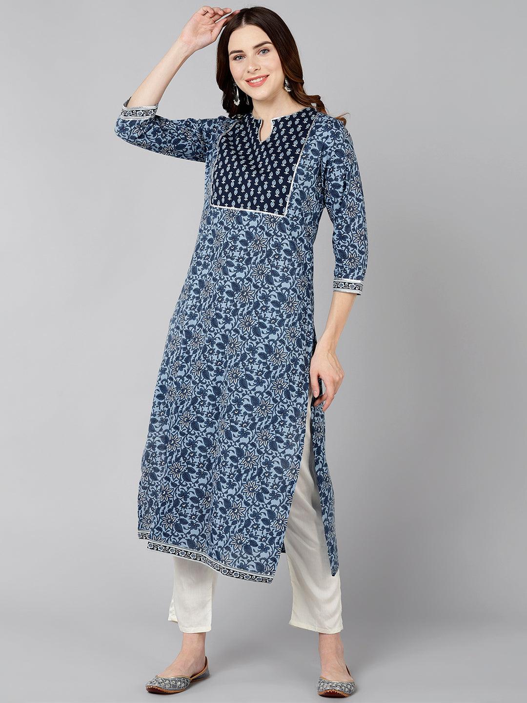 Blue Floral Printed Straight Kurta - Znxclothing