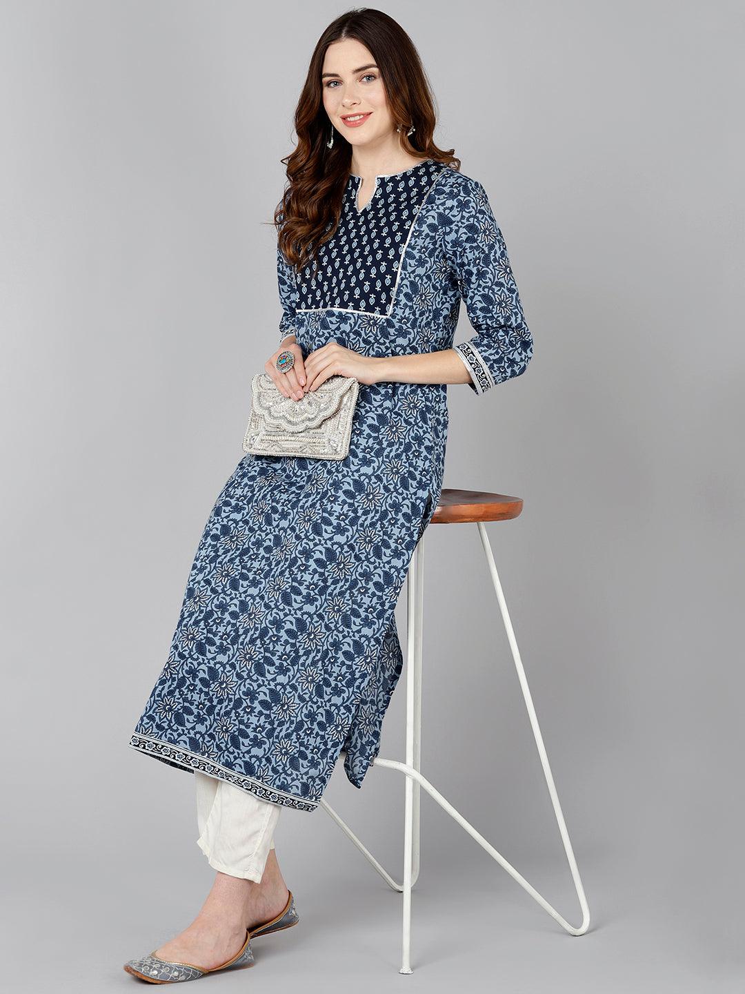 Blue Floral Printed Straight Kurta - Znxclothing