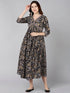Brown Floral Printed Flared Dress - Znxclothing