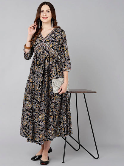 Brown Floral Printed Flared Dress - Znxclothing