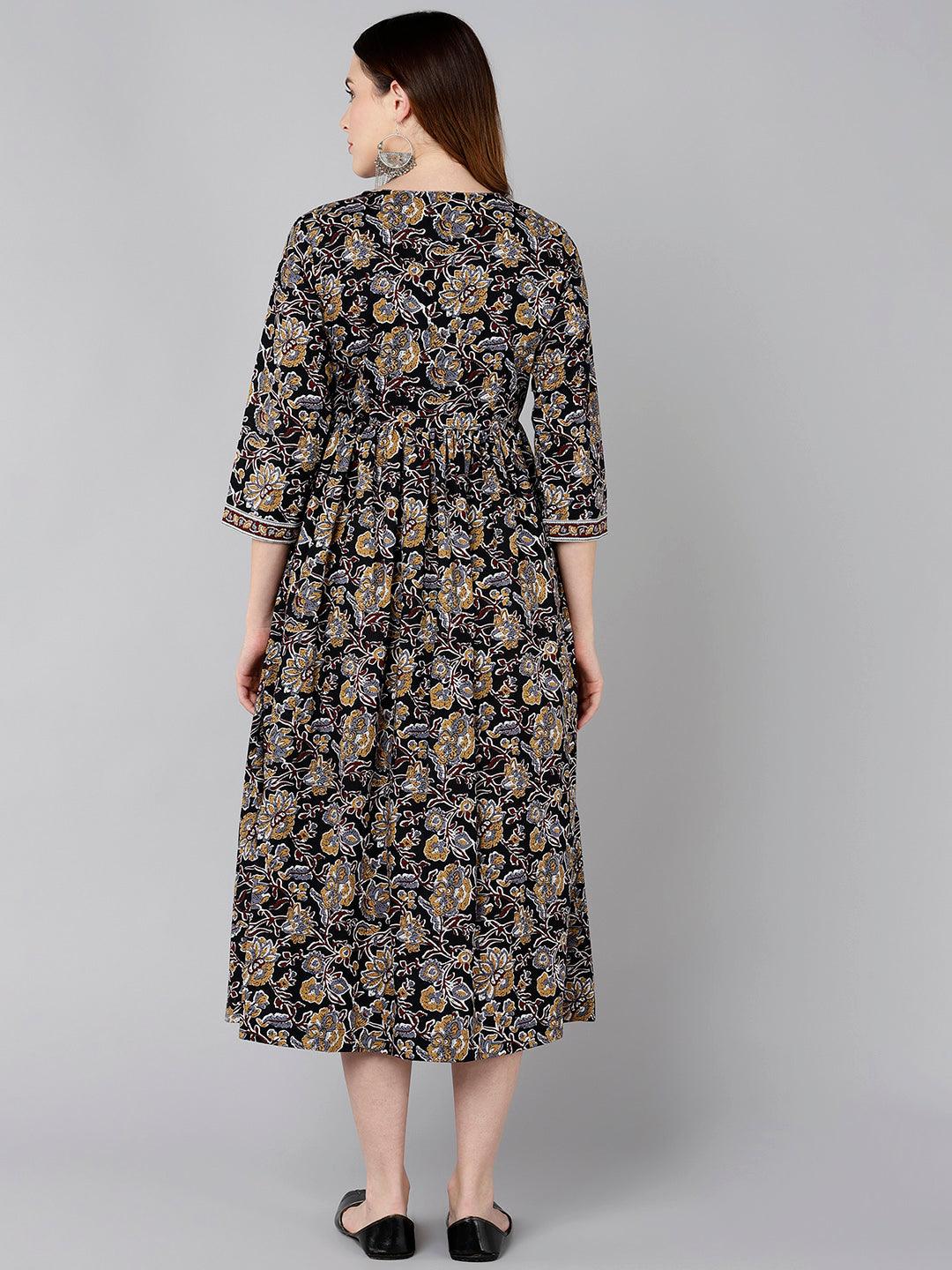 Brown Floral Printed Flared Dress - Znxclothing