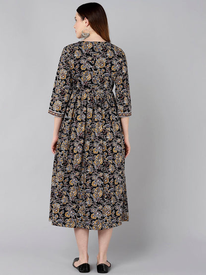 Brown Floral Printed Flared Dress - Znxclothing