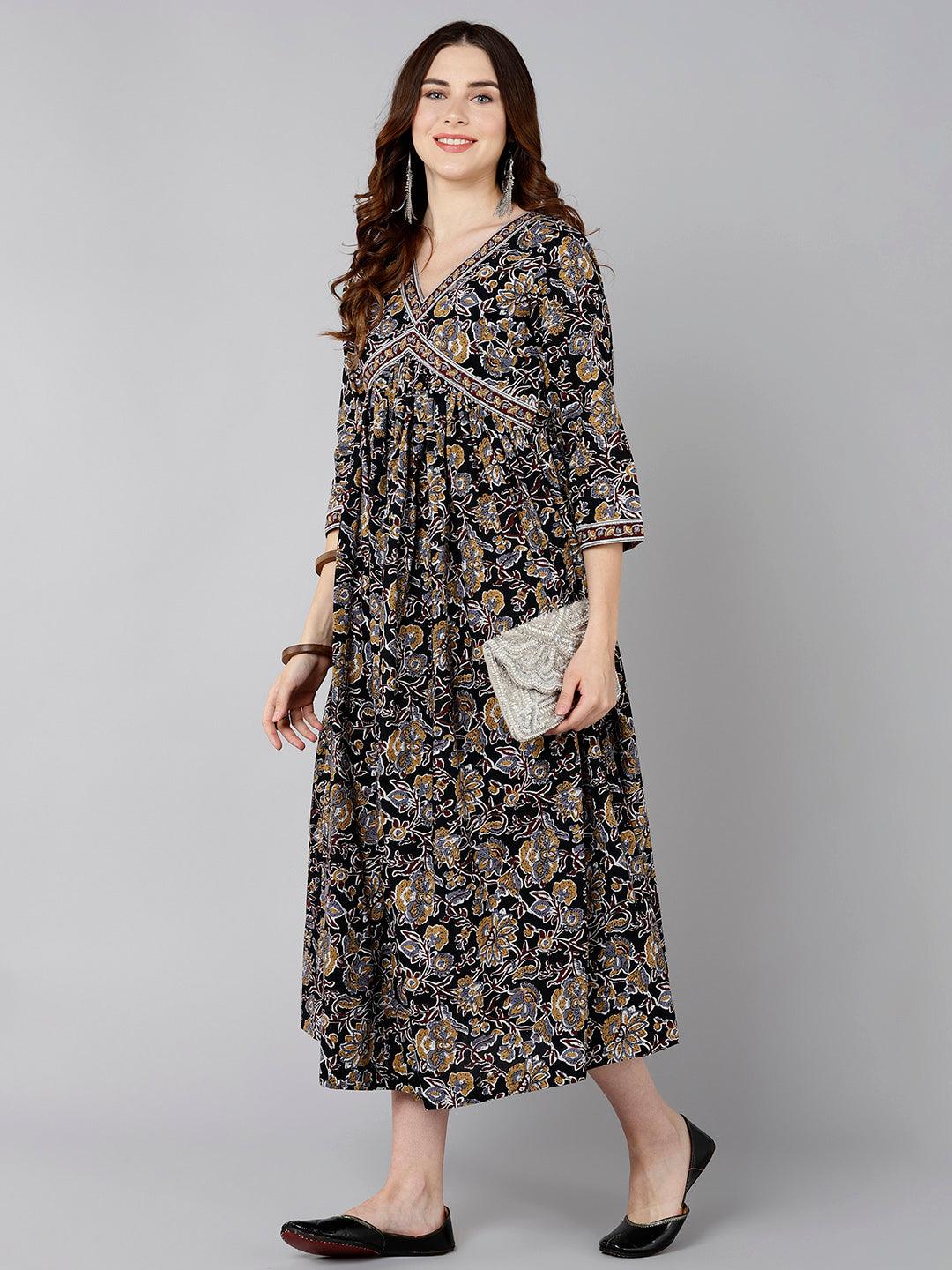 Brown Floral Printed Flared Dress - Znxclothing
