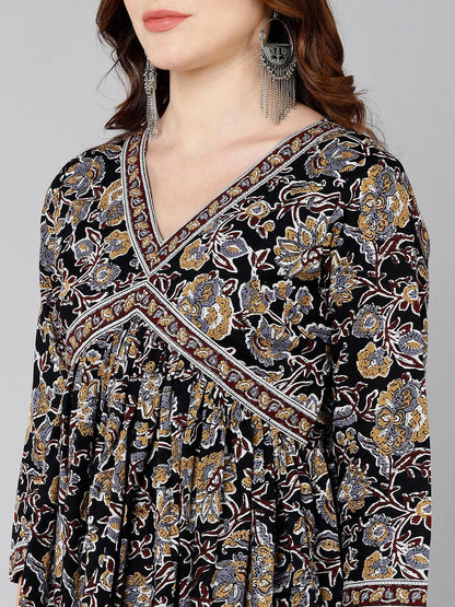 Brown Floral Printed Flared Dress - Znxclothing