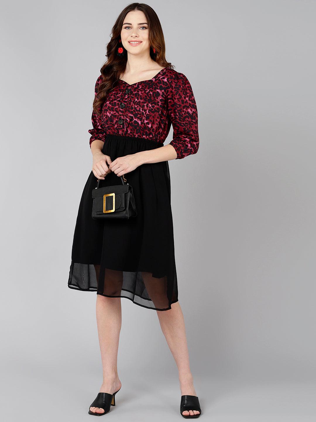 Burgundy Animal Printed Dress - Znxclothing