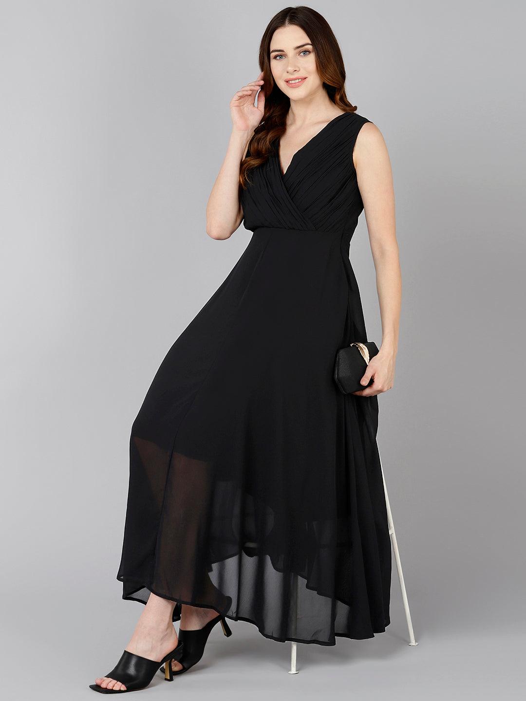 Solid Black Flared Dress - Znxclothing