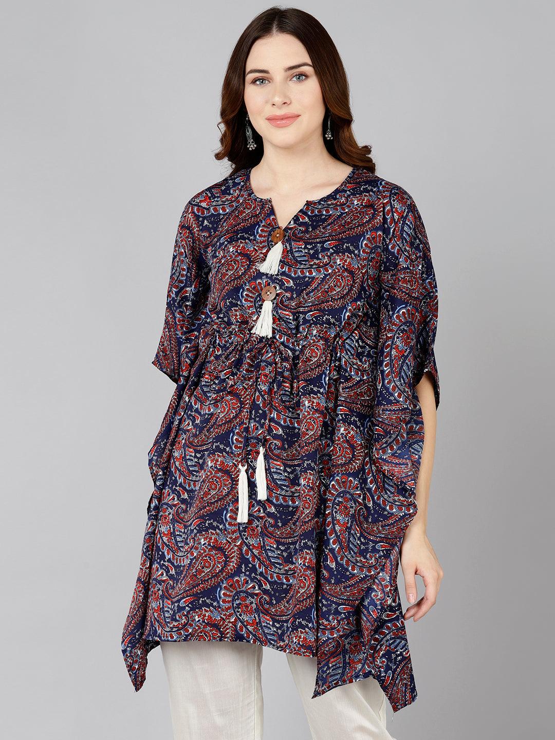 Blue &amp; Red Printed Kaftan Kurta - Znxclothing