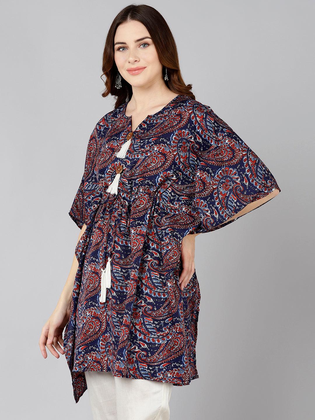 Blue &amp; Red Printed Kaftan Kurta - Znxclothing