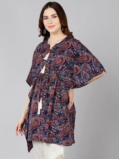 Blue &amp; Red Printed Kaftan Kurta - Znxclothing