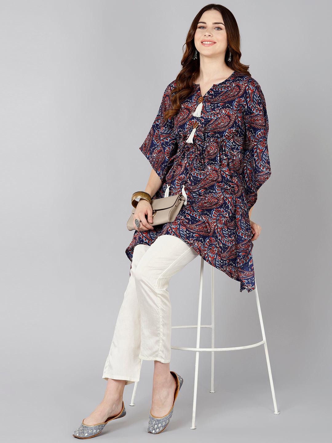 Blue &amp; Red Printed Kaftan Kurta - Znxclothing