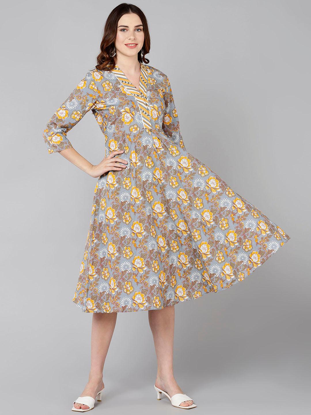 Yellow Floral Printed Flared Dress - Znxclothing