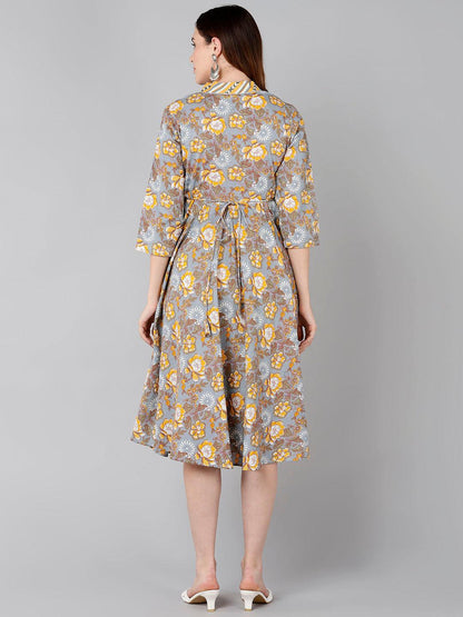 Yellow Floral Printed Flared Dress - Znxclothing