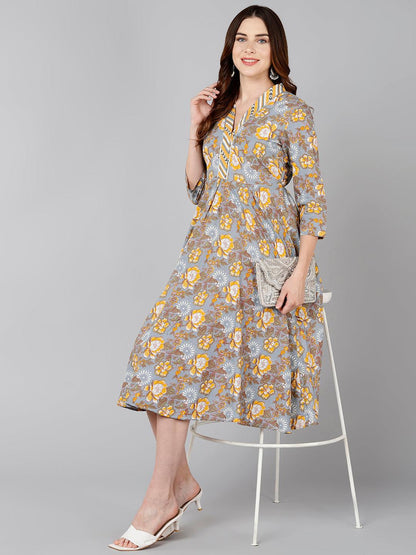 Yellow Floral Printed Flared Dress - Znxclothing