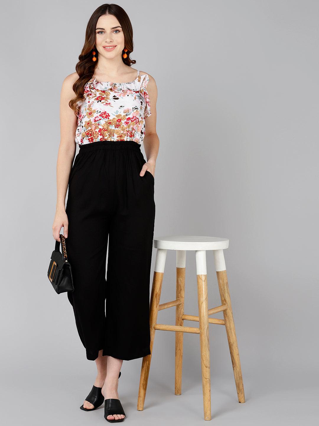 Pink Floral Printed White &amp; Black Jumpsuit - Znxclothing