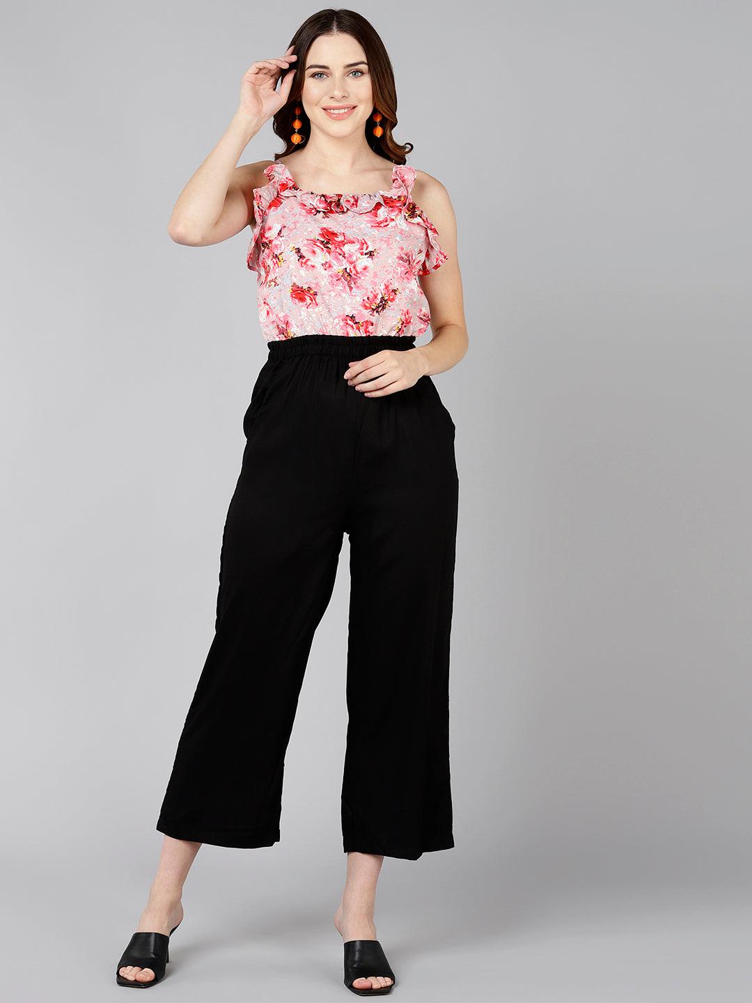 Floral Printed Pink &amp; Black Jumpsuit - Znxclothing