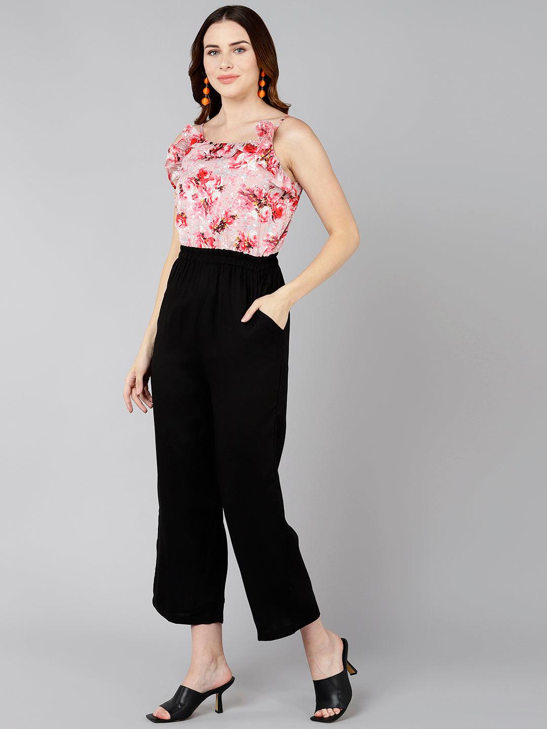Floral Printed Pink &amp; Black Jumpsuit - Znxclothing