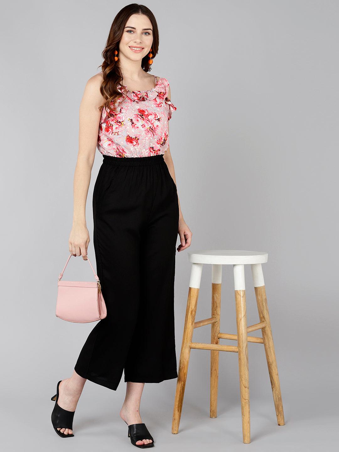 Floral Printed Pink &amp; Black Jumpsuit - Znxclothing