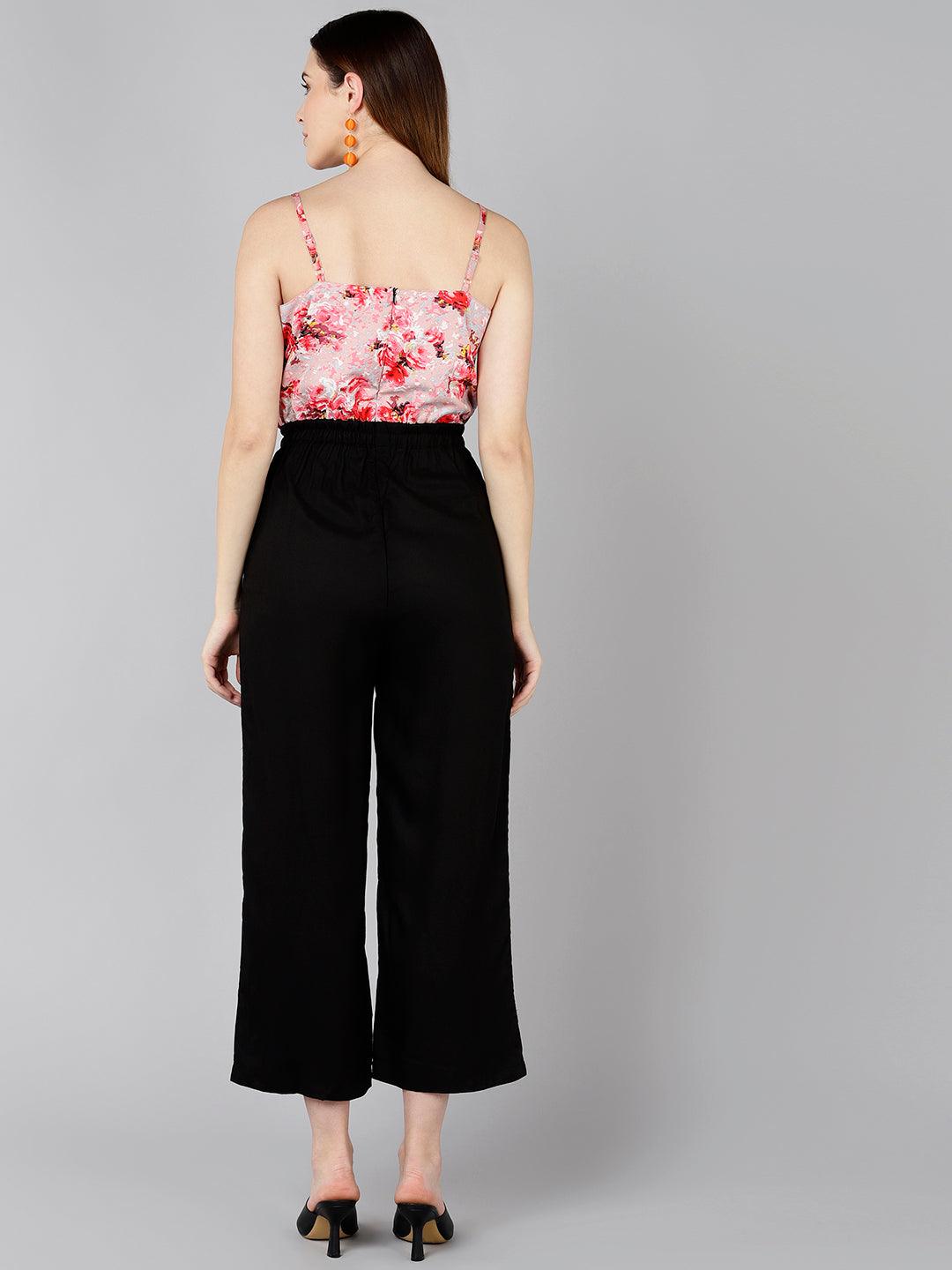 Floral Printed Pink &amp; Black Jumpsuit - Znxclothing