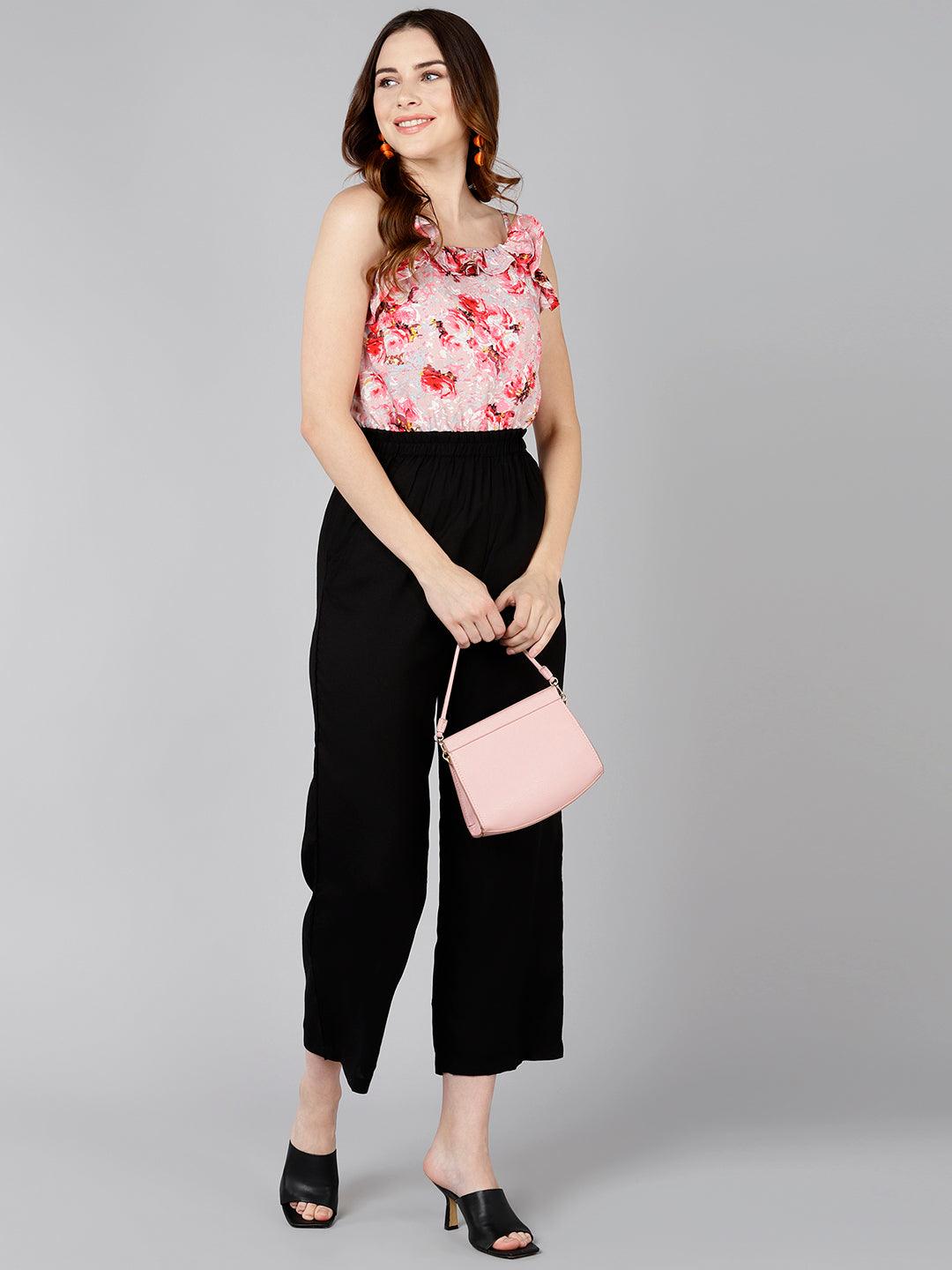 Floral Printed Pink &amp; Black Jumpsuit - Znxclothing