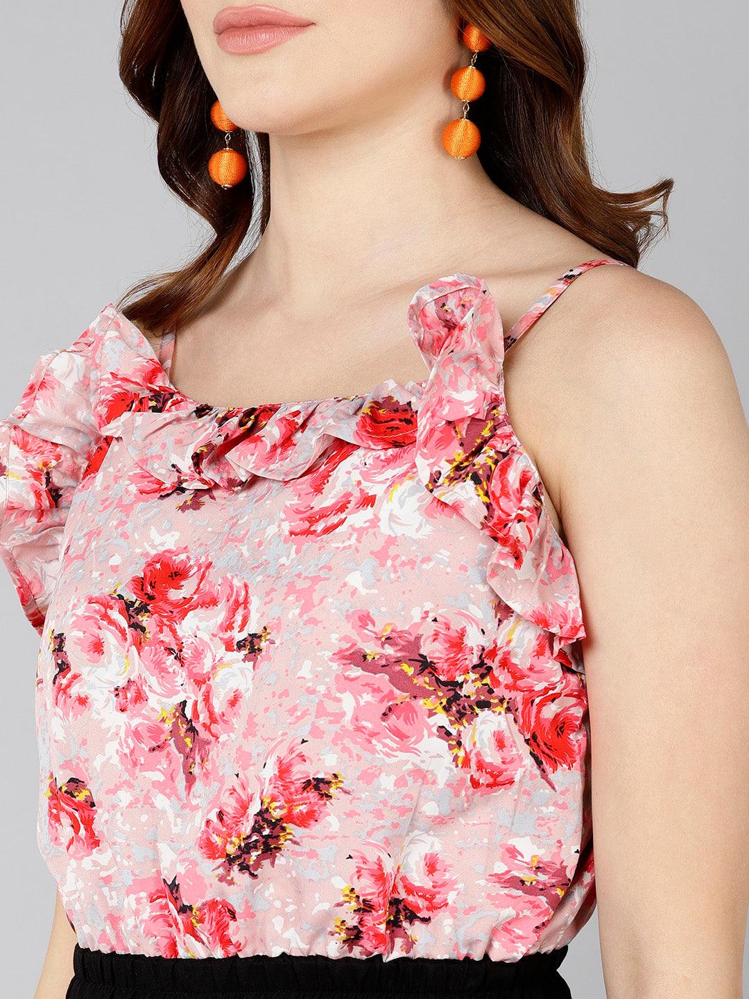 Floral Printed Pink &amp; Black Jumpsuit - Znxclothing