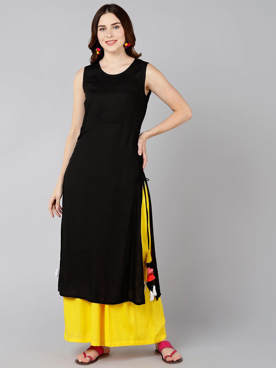 Black Solid Sleeveless Straight  Kurta With Side Tassel Details - Znxclothing