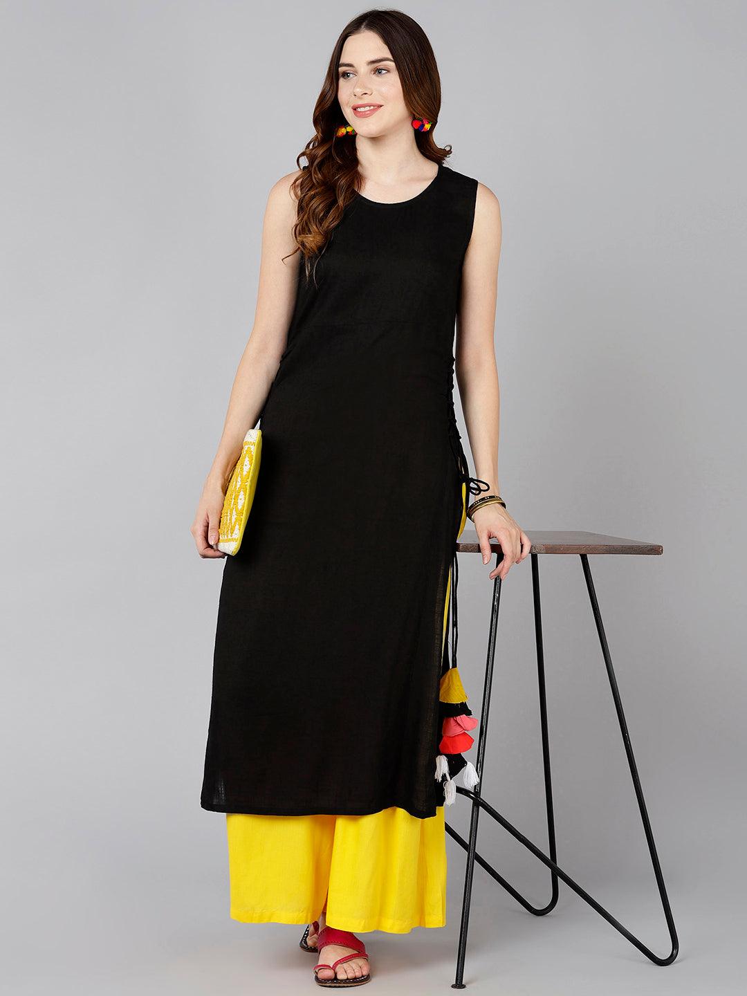 Black Solid Sleeveless Straight  Kurta With Side Tassel Details - Znxclothing