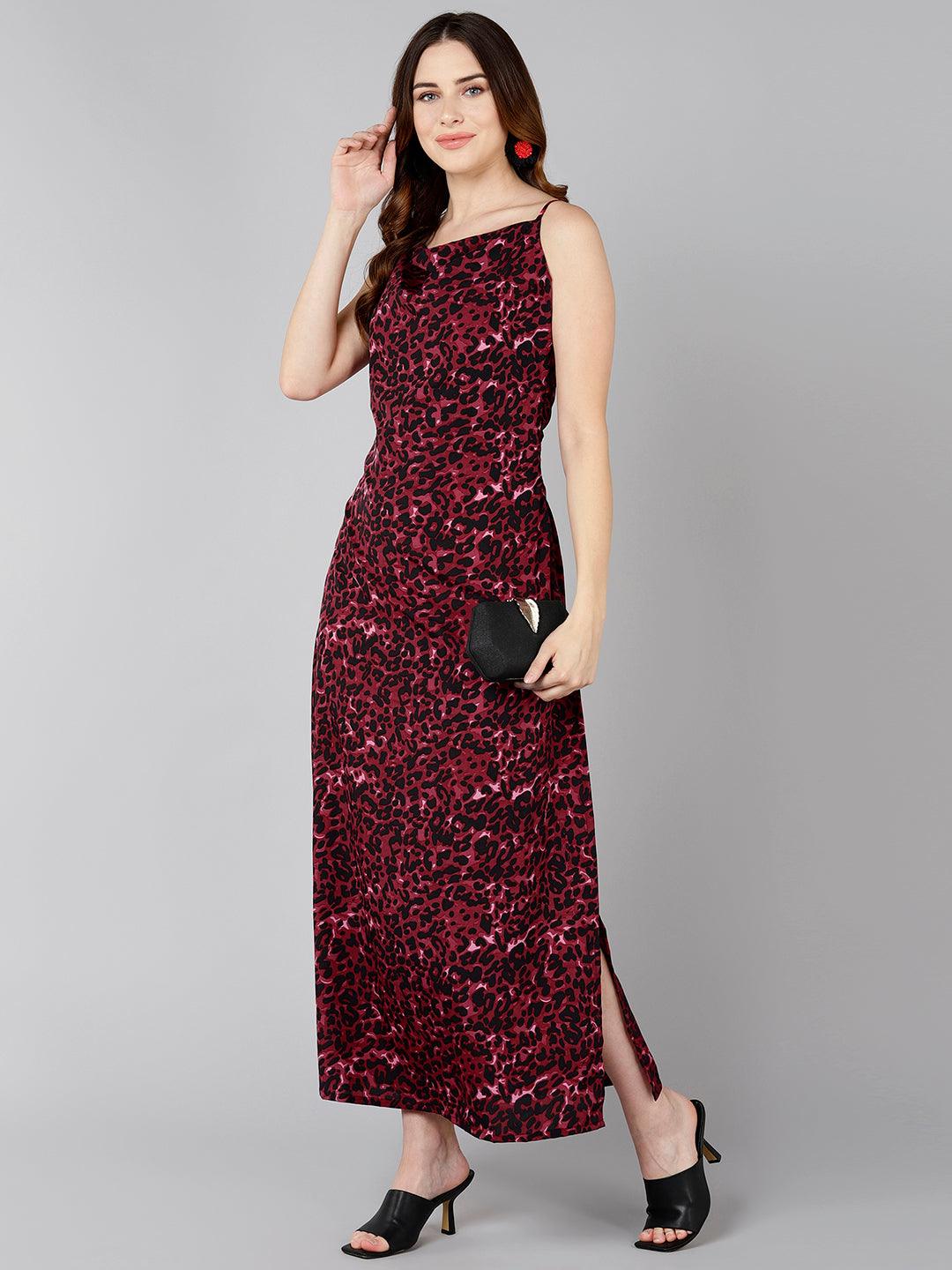 Burgundy Animal Printed Thigh-High Slit Maxi Dress - Znxclothing